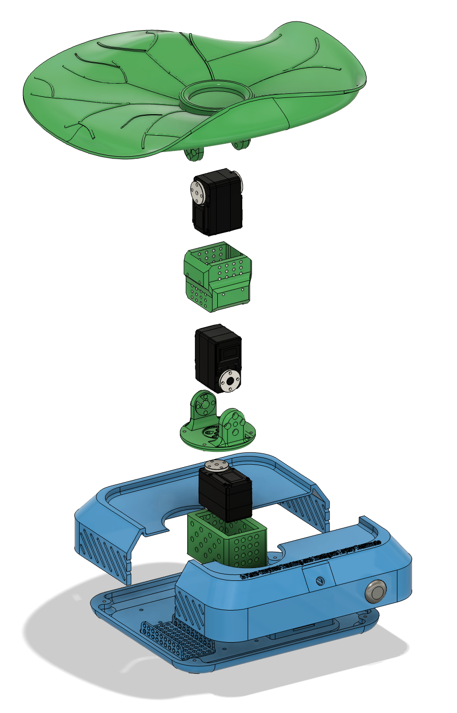 Exploded CAD view of TILT's leaf platform, motors, and base